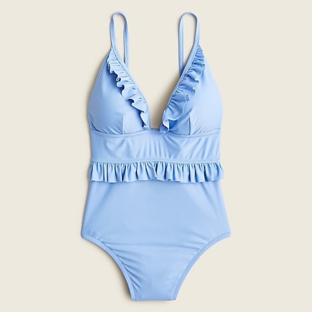 JCrew Ruffle Plunge One Piece Swimsuit - Pale Seascape Baby Blue -New With Tags